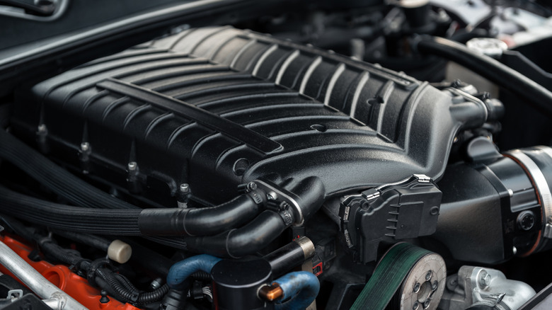 An image of a supercharger installed in an engine