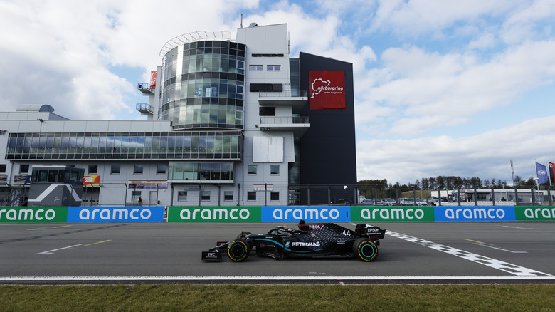 Lewis Hamilton of Great Britain driving the (44) Mercedes AMG Petronas F1 Team Mercedes W11 on track during the F1 Eifel Grand Prix at Nuerburgring on October 11, 2020 in Nuerburg, Germany.