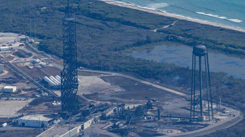 Aerial view of Launch Complex 36 after a Blue Origin New Glenn rocket exploded on May 28, 2026