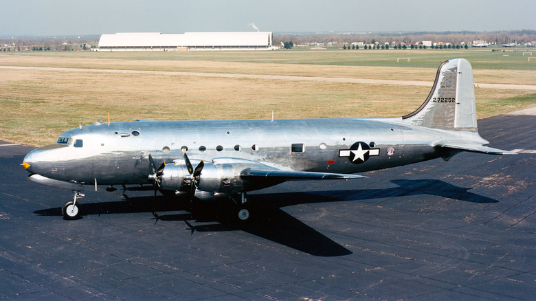 Photograph of U.S. President Harry S. Truman's airplane, a Douglas VC-54C Skymaster (s/n 42-107451) nicknamed "The Sacred Cow". The aircraft is today as "42-72252" on display at the National Museum of the USAF. Originally 42-72252 was C-54A-15-DC (c/n 10357/DC88) missing since 11 November 1944 over the South Atlantic. This serial number was used by the VC-54C 42-107451 when it flew President Franklin D. Roosevelt to the Yalta Conference in 1945.