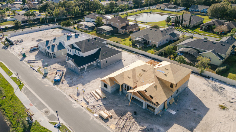 An aerial view of a neighborhood being developed