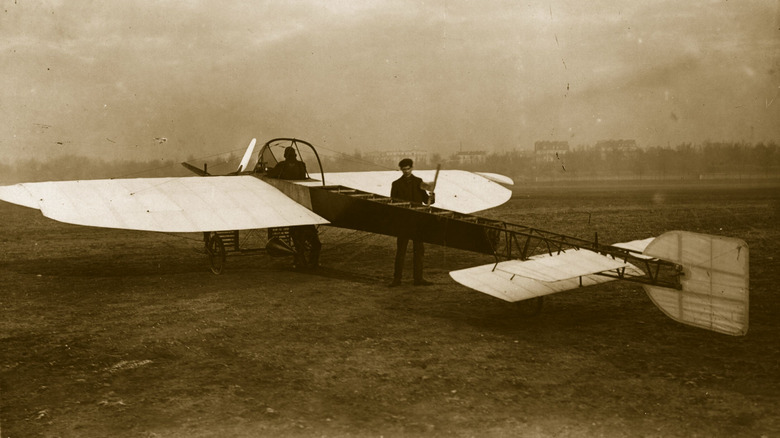 A Bleriot monoplane using an Antoinette motor at Issy les Moulineaux being prepared for flight in 1909.