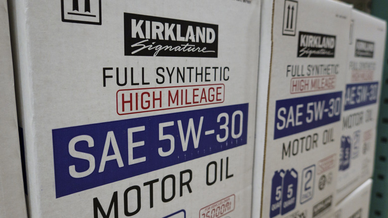 Cases of Kirkland Signature synthetic high mileage oil at a local Costco wholesale store