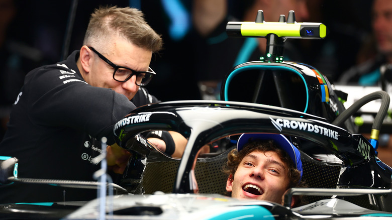 Andrea Kimi Antonelli of Italy and Mercedes AMG Petronas F1 Team in his cockpit for a seat fitting during previews ahead of the F1 Grand Prix of Hungary at Hungaroring on July 23, 2026 in Budapest, Hungary.