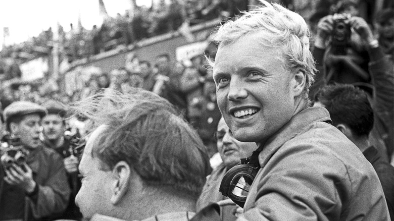 Mike Hawthorn, Ivor Bueb, 24 Hours of Le Mans, Le Mans, 12 June 1955. Mike Hawthorn, happy victor of the tragic 1955 Le Mans race.