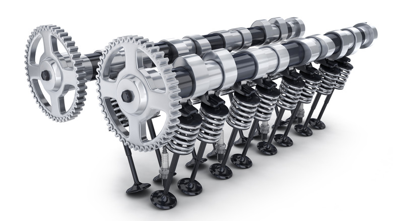 The camshaft and valve setup for a V8 engine