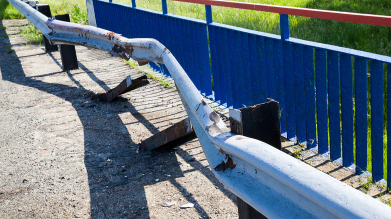 A deformed guardrail caused by an accident