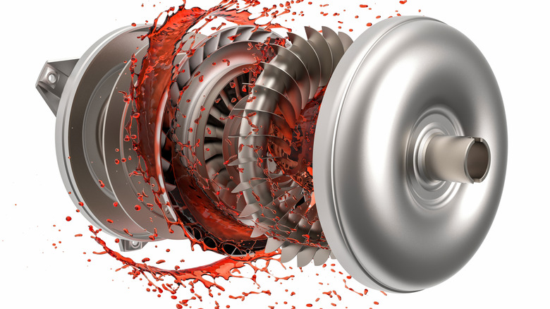 A graphic of an automotive torque converter with red liquid inside
