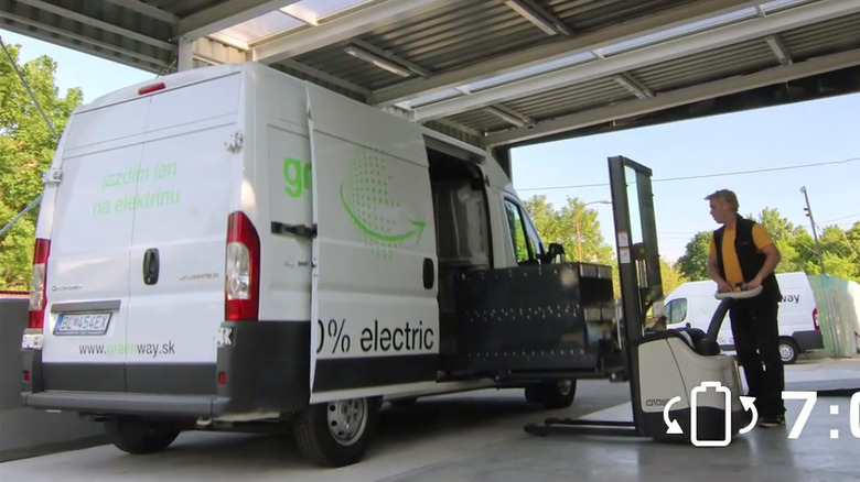 An electric van's battery pack being swapped