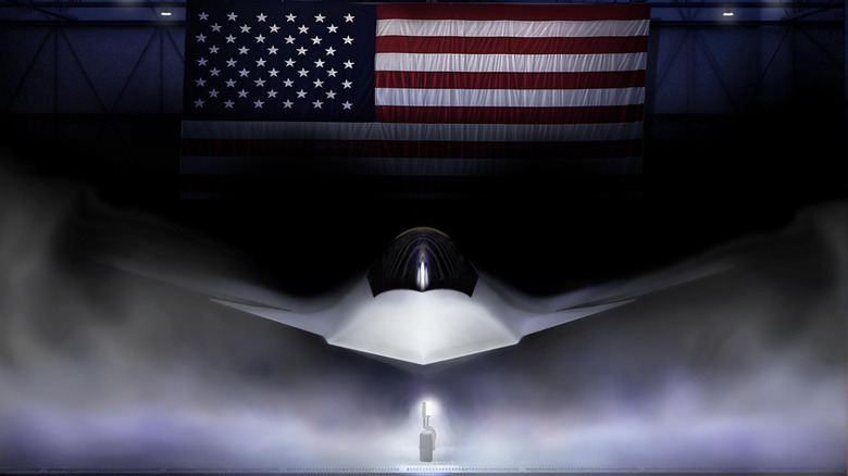 Artist's rendering of the Boeing F-47 in a foggy hangar