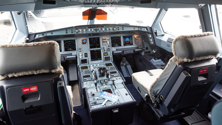 A general view of the cockpit of a Virgin Atlantic long-haul Airbus A330-900 Neo during the Farnborough International Airshow 2024 at Farnborough International Exhibition and Conference Centre on July 22, 2024 in Farnborough, England. Farnborough International Airshow 2024 is host to leading innovators from the aerospace, aviation and defence industries.