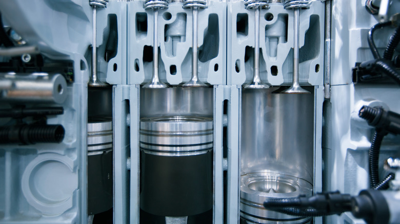 A cross-section of an internal-combustion engine's cylinders.