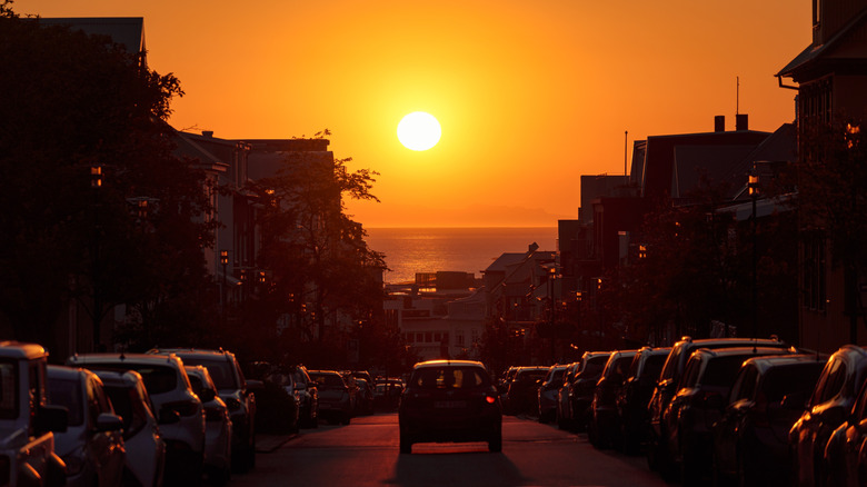 A road at dusk in Iceland with poor visibility