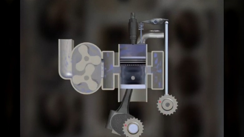 An illustration of a two-stroke diesel engine with Roots blower