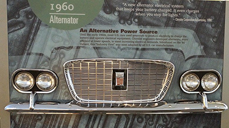 A display discussing the differences between alternators and generators, discussing Chrysler's 1960 Plymouth Valiant being the first car with an alternator