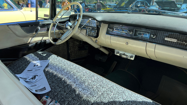 A classic car with front bench seats