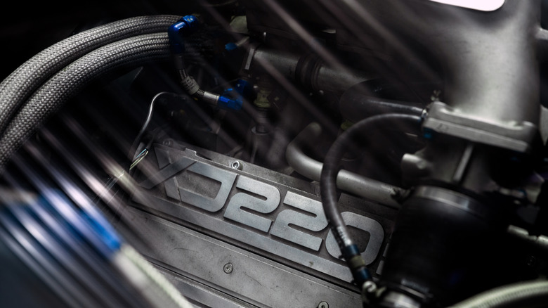 A close-up of the XJ220's V6 engine