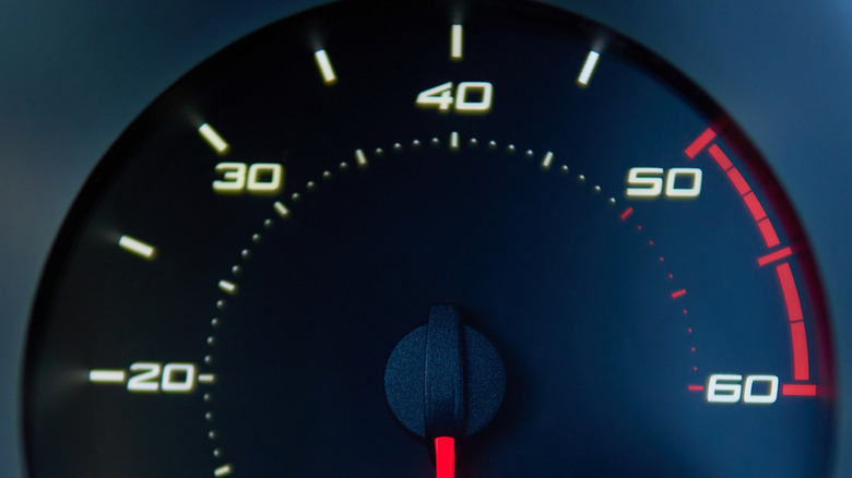 The tachometer of a diesel vehicle.