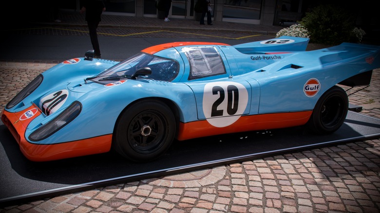 The number 20 Porsche 917 K in blue/orange Gulf livery that competed in the 24 Hours of Le Mans endurance race