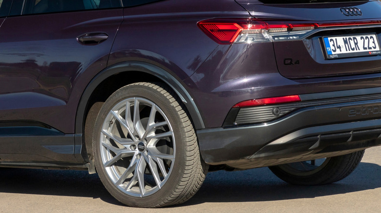 Audi Q4 E-Tron rear three-quarter view, showing drum brakes