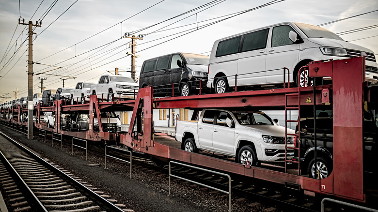 Cars being transported in a railcar
