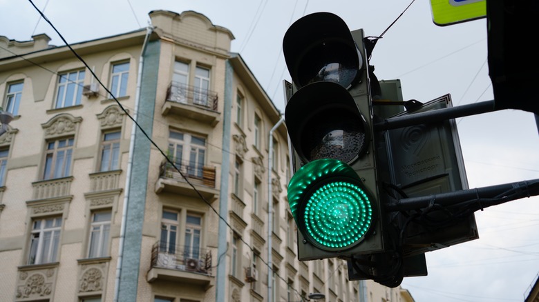 A green traffic light in Moscow's historic city center