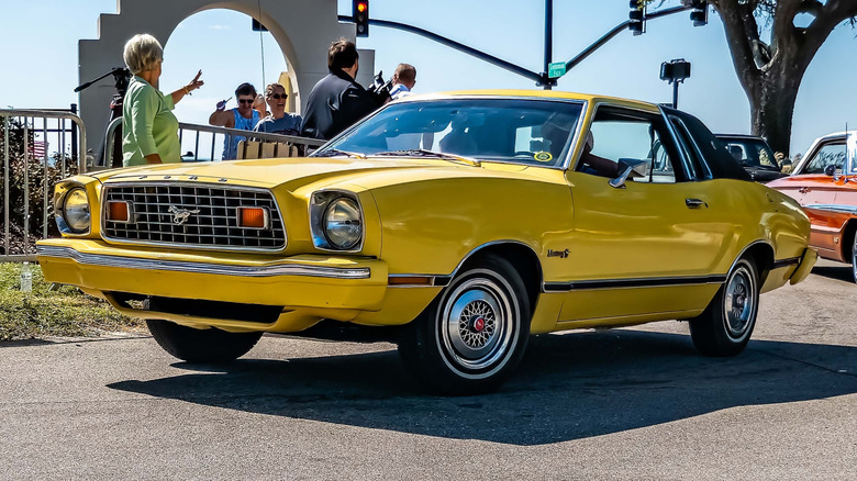A 1975 Ford Mustang II in yellow