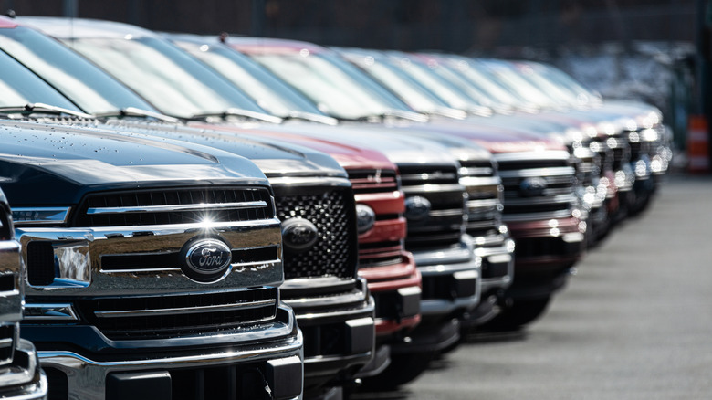 A line of 2020 Ford F-150 pickup trucks parked next to each other.