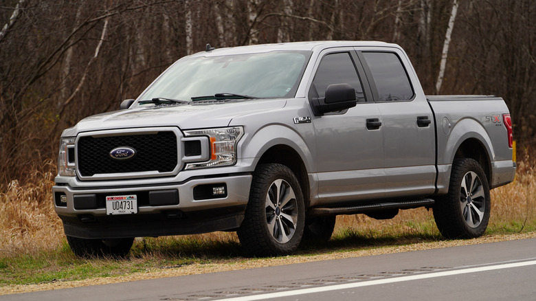 A light gray 2020 Ford F150 pickup truck parked roadside.