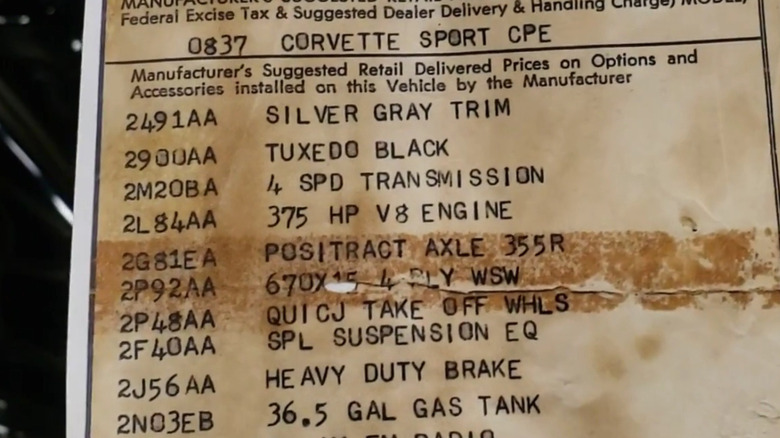 The order sheet from a 1964 Chevrolet Corvette "Tanker" with the L84 327 V9 and a 36.5-gallon fuel tank