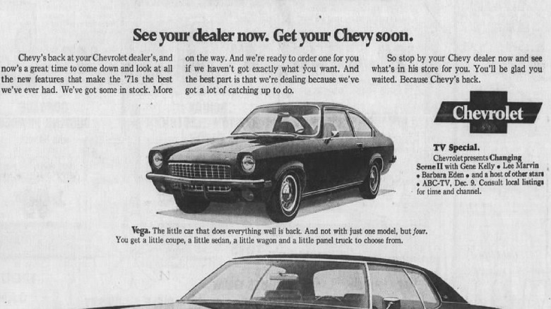 A 1971 Chevrolet ad showing the new Chevy Vega compact coupe