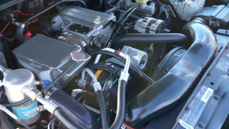 The turbocharged 4.3-liter V6 engine of a 1991 GMC Syclone performance truck.