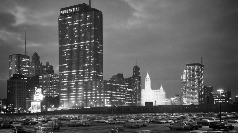 A 1960s-era Chicago skyline at night