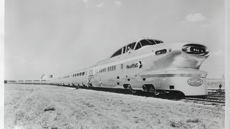 A black and white image of an Aerotrain