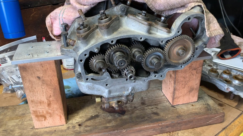 A four-cam setup in a Harley-Davidson Flathead engine on a workbench