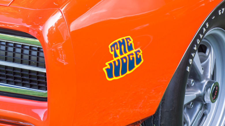 A front-fender angle of a 1969 Pontiac GTO 'The Judge'