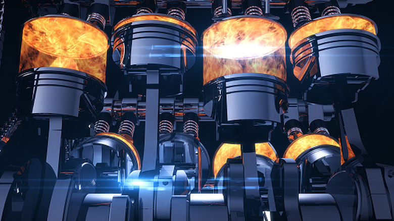 3D render of a V8 engine, showing the pistons and combustion process