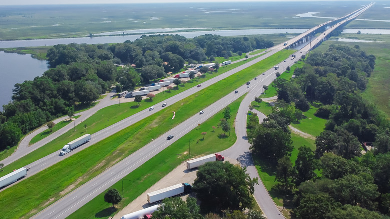 An aerial view of a rest area off the interstate