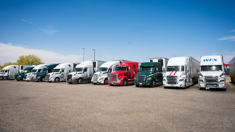 A row of transport trucks parked at a truck stop