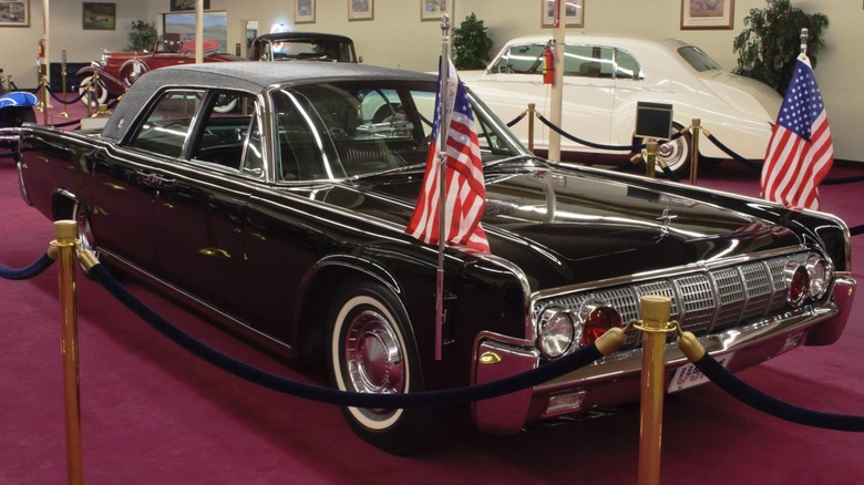 The Lincoln Continental Limousine in which President John F. Kennedy was riding when he was assassinated, on display.