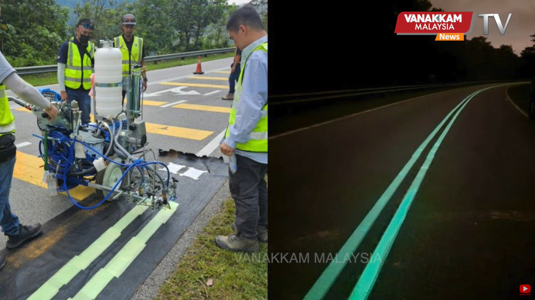 Left: Malaysian workers paint a road with glow-in-the-dark paint. Right: A road marked with glow-in-the-dark paint at nght.
