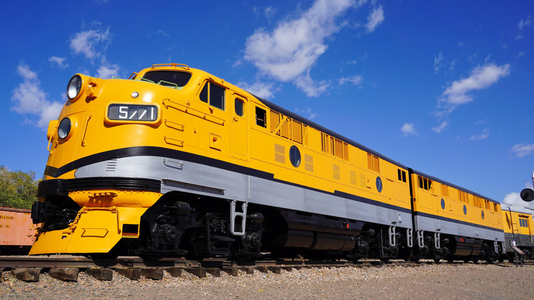 Two streamlined diesel electric locomotive on the railway track