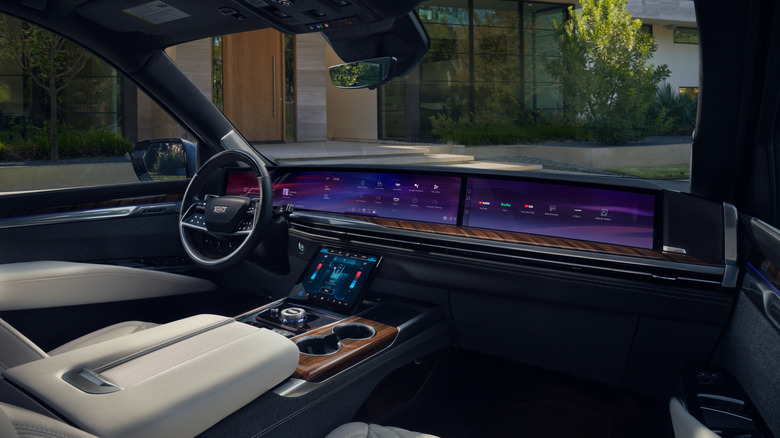 An interior shot of the Cadillac Escalade pillar-to-pillar 55-inch digital dashboard display