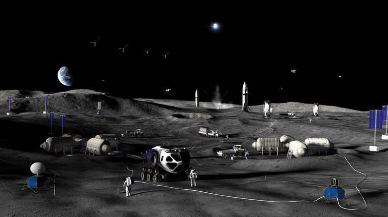 Artist's rendering of conceptual Moon Base Phase Three development activities near the lunar South Pole.