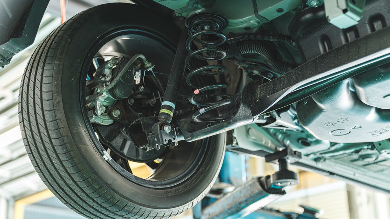 An underside view of a torsion beam rear suspension