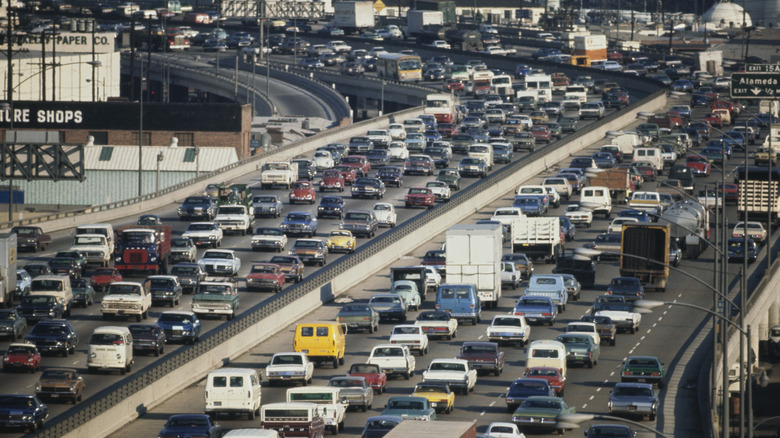 Hundreds of cars in a traffic jam in California in the 1970s.