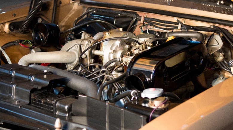 The Oldsmobile Jetfire's turbocharger sitting atop the 215-cubic-inch GM V8.