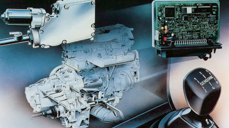 A promotional image showing the inner workings of the Saab Sensonic transmission.