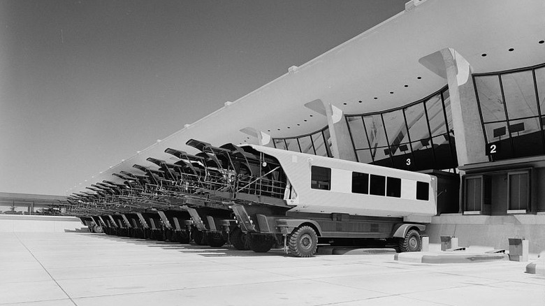 Lineup of mobile lounges at Dulles airport.
