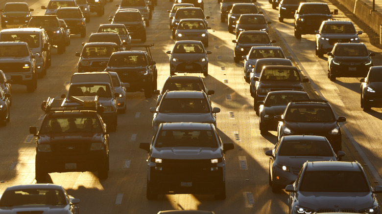 An aerial view of a congested Los Angeles freeway